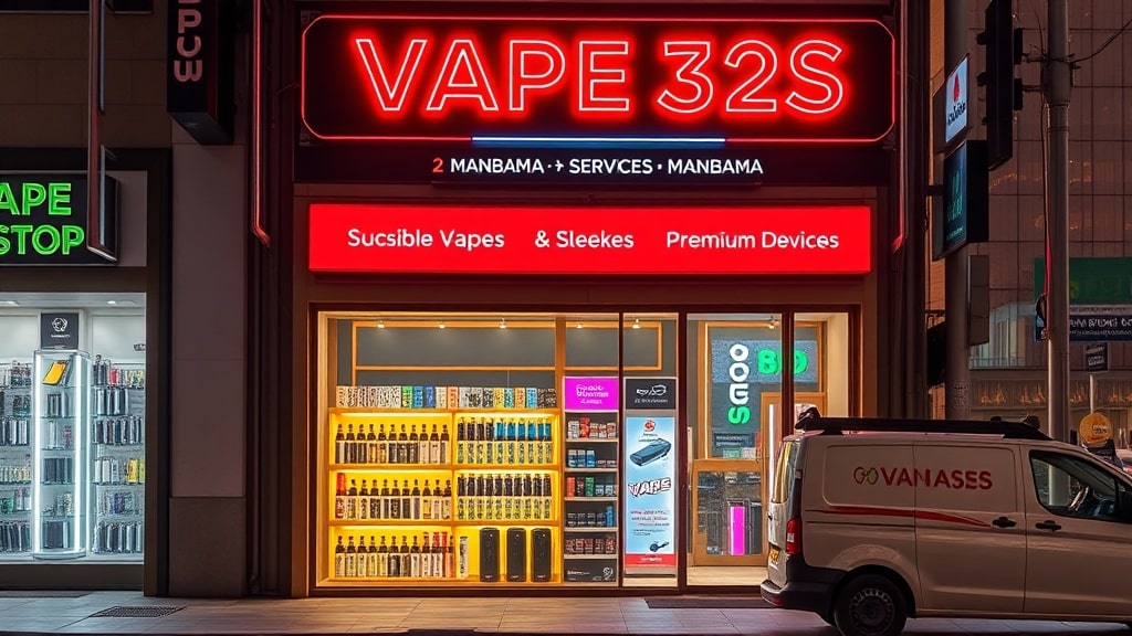 A neon‑lit vape shop storefront on a bustling Manama street at sunset, showcasing a vibrant display of disposable vapes and sleek premium devices, with a delivery van parked outside and the shimmering Arabian Gulf skyline reflected in the glass windows.