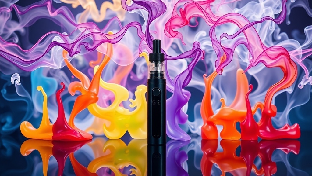 A sleek, modern vape pen sits on a polished glass surface, surrounded by an array of colorful liquid droppers that spill into swirling, translucent vapor clouds forming intricate, multi‑hued patterns above, all rendered in high‑contrast, glossy detail. The composition evokes a laboratory of flavor, with subtle steam ribbons intertwining like a symphony of taste.