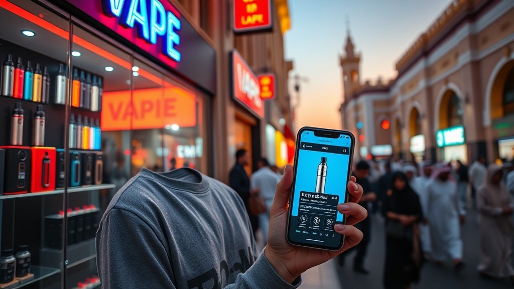 Vibrant street scene in Manama at dusk, neon‑lit vape shop windows showcasing sleek vape devices, a young adult holding a glowing smartphone screen with a vape review, traditional Gulf architecture and bustling crowds in the background.