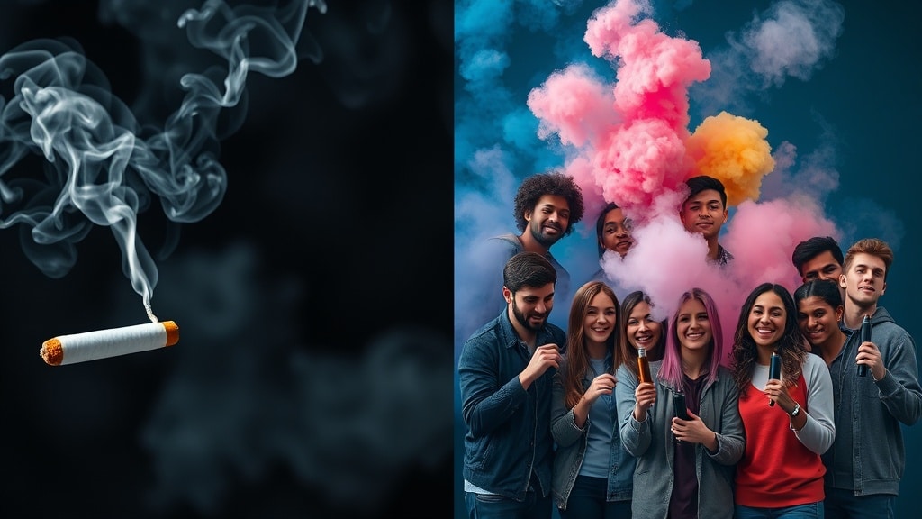 A striking split-image: on the left a dim, smoky cigarette scene, on the right a vibrant, colorful vape cloud surrounding 12 diverse adults each holding a sleek vape device, symbolizing the real, messy transition from smoking to vaping.