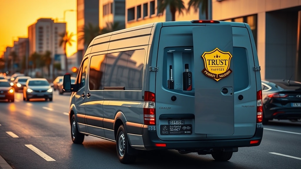 A sleek, modern delivery van parked on a bustling Bahrain street, its transparent cargo window revealing premium vape devices, with a subtle Bahrain flag on the side and a glowing trust badge hovering above the door, all bathed in warm sunset light.