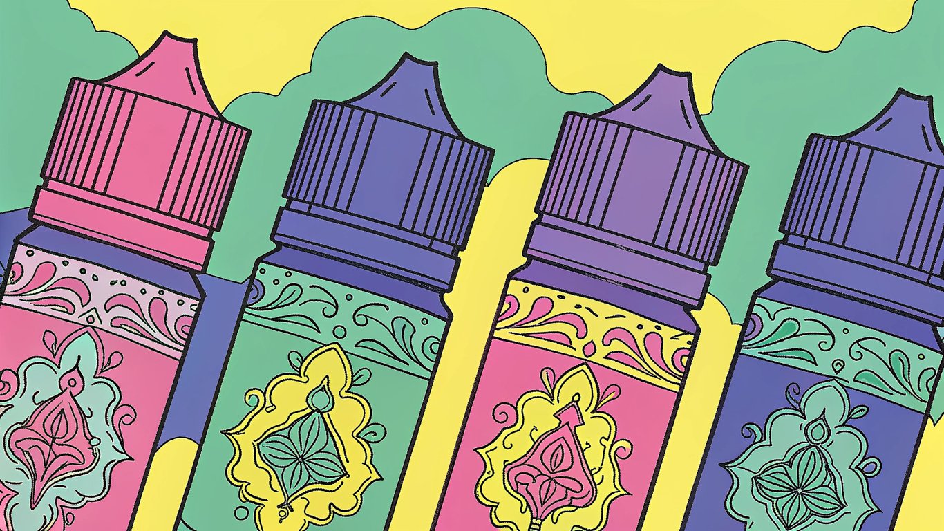Illustration of various e-liquid bottles with labels showing popular middle eastern flavors like double apple, mint, and coffee.
