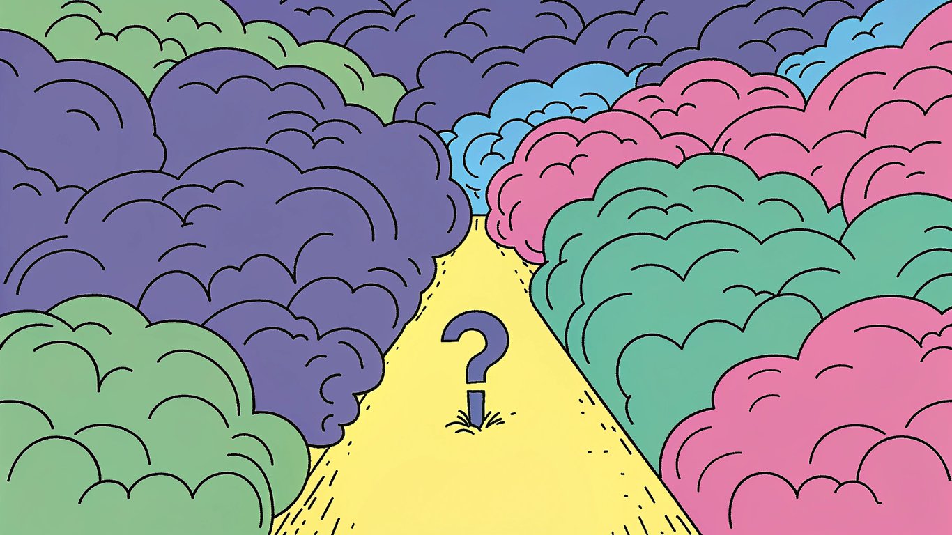 A foggy path with vague signs contrasting with a clear, well-lit path, symbolizing the shift from unhelpful to informative reviews.