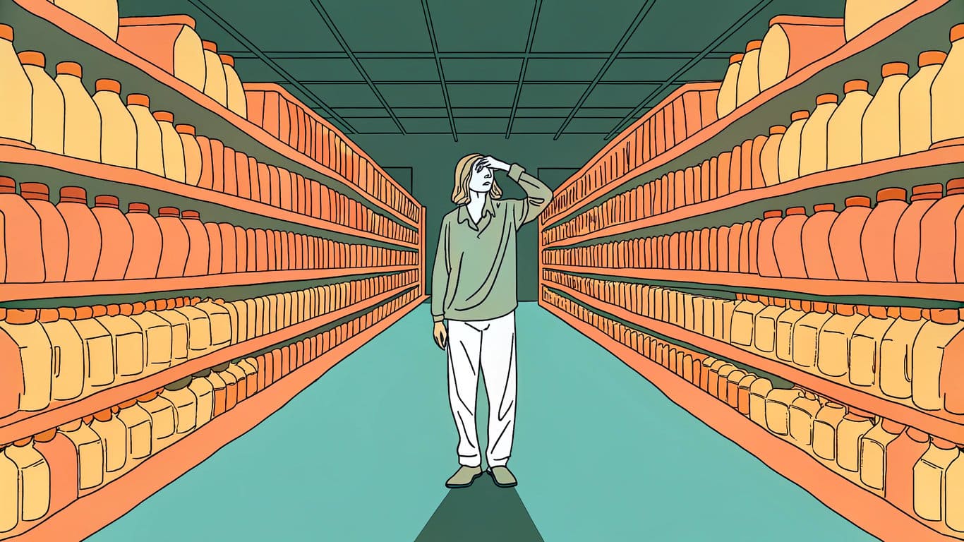 A person looking overwhelmed in a vape shop filled with an endless array of flavor bottles.