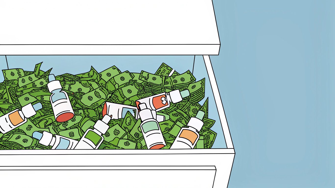 A cluttered drawer filled with many unused vape juice bottles and scattered money, representing wasted spending.