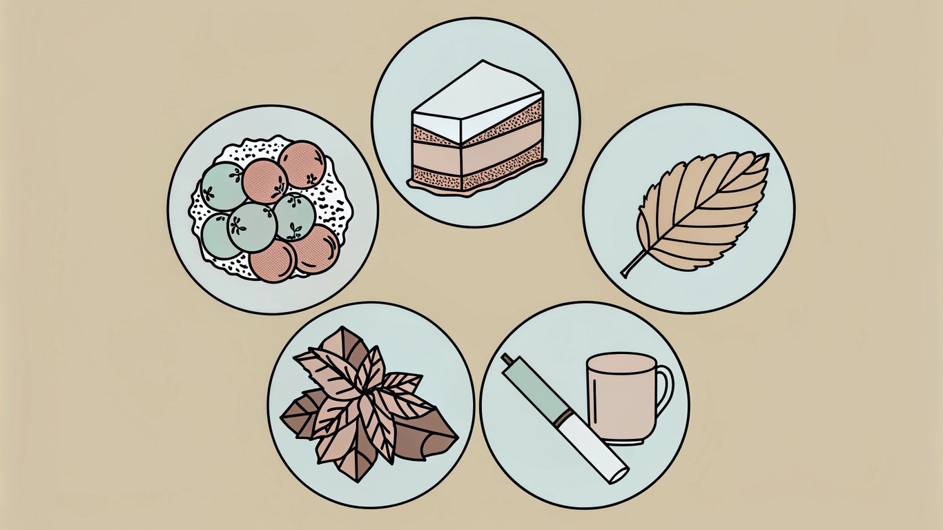 Icons representing five vape flavor categories: fruity, dessert, menthol/ice, tobacco, and beverage.