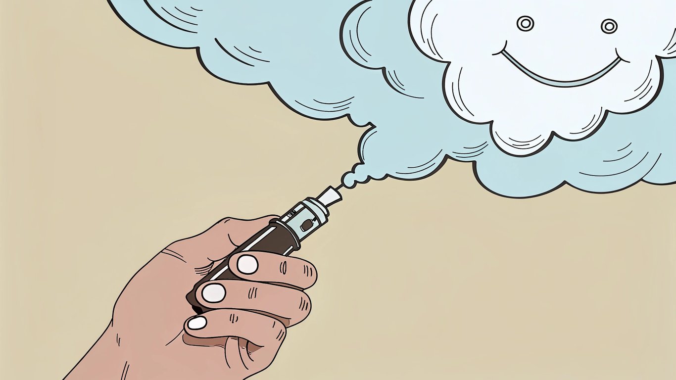 A hand trying a vape sample, with a thought bubble indicating evaluation and satisfaction.
