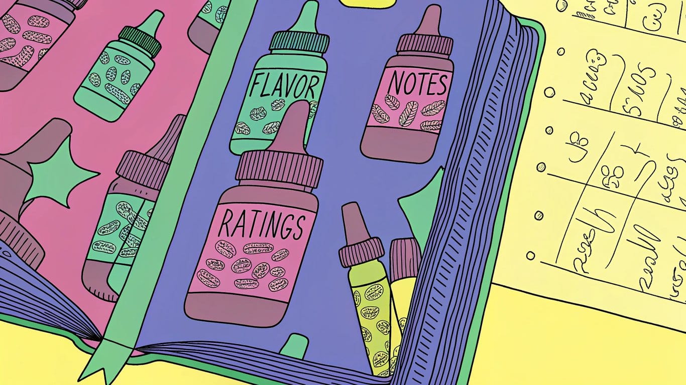 An open journal with notes and ratings about different vape flavors, showing patterns and preferences.