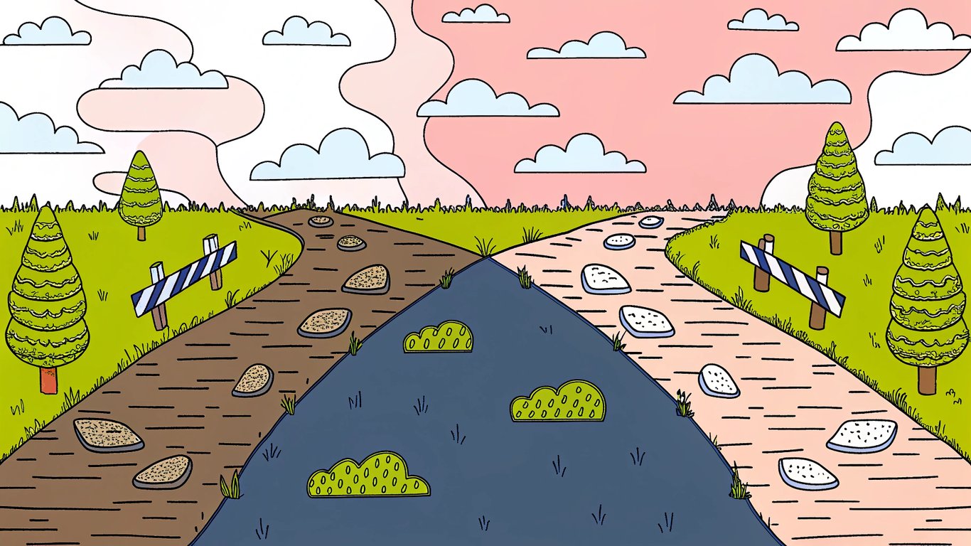 Illustration of two diverging paths, one safe and clear, the other risky and unclear, symbolizing choice between reliable and unreliable services.