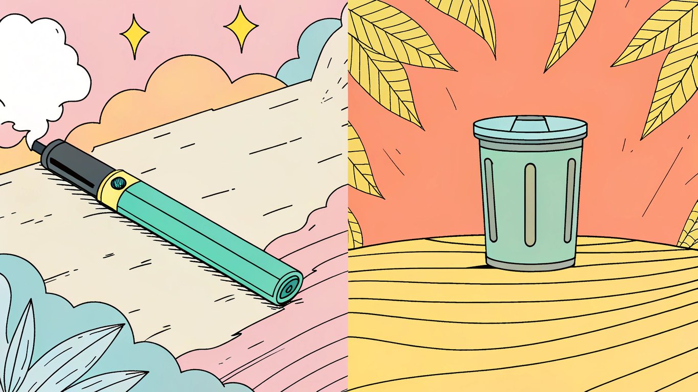 A reusable vape device next to a disposable vape device, highlighting environmental impact.