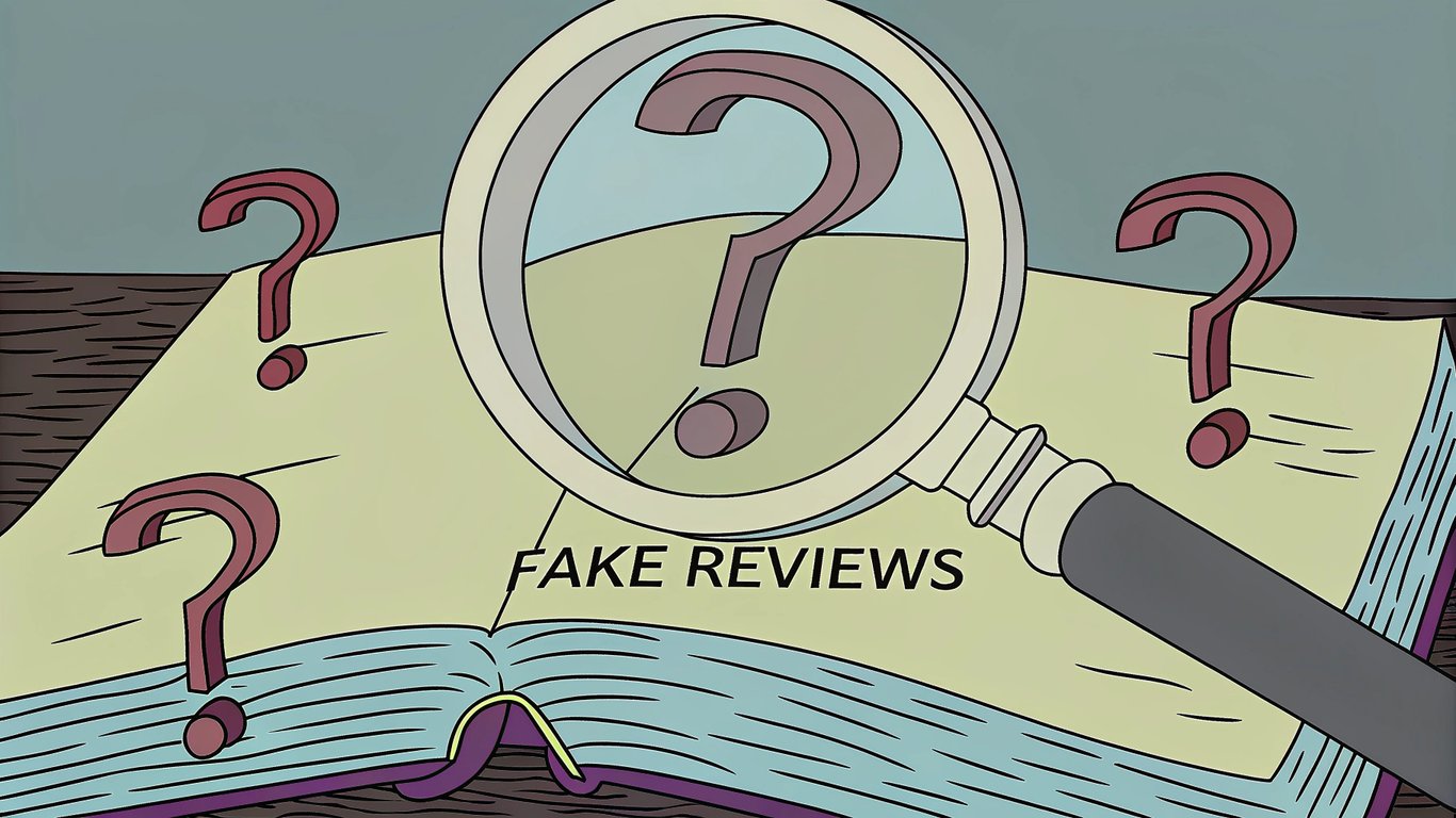 Illustration of red flags indicating fake or biased reviews.