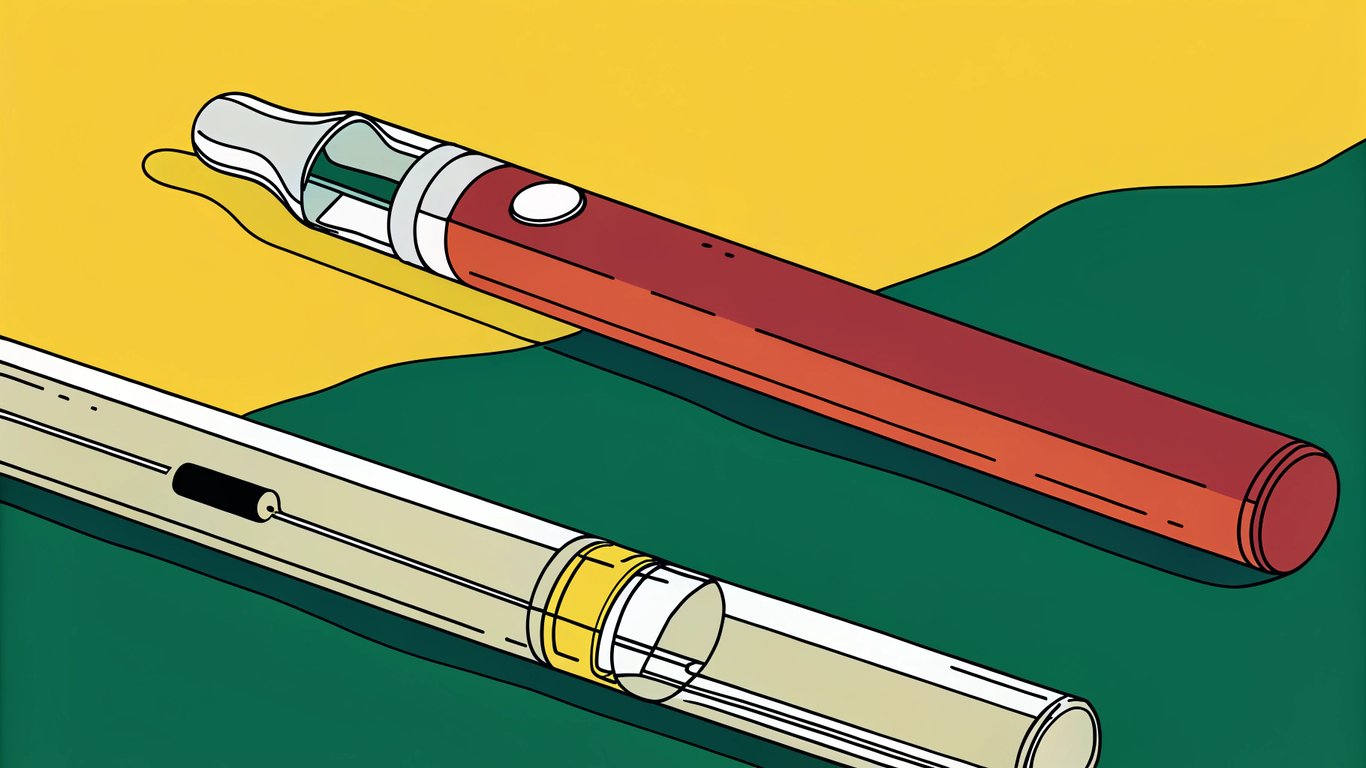 A 510 thread vape pen battery with an attached oil cartridge.