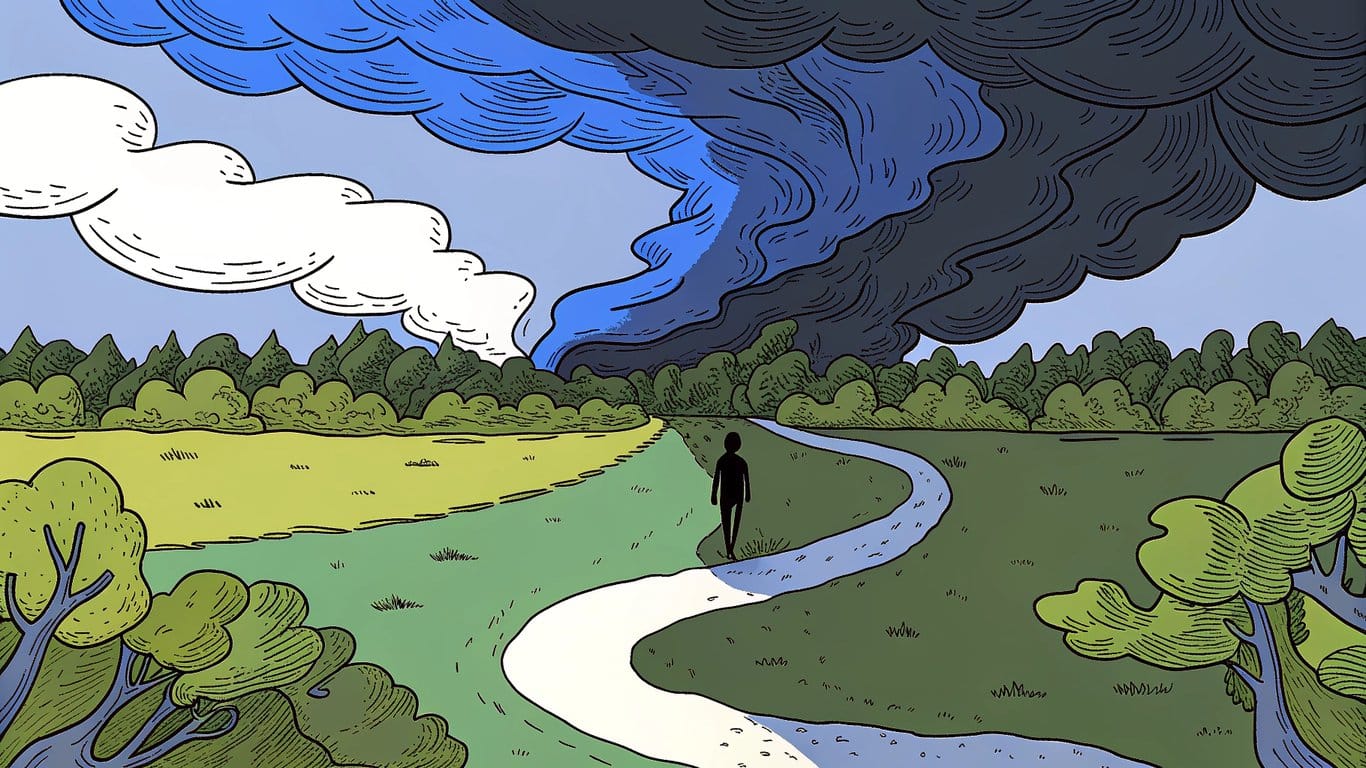 A winding path transitioning from a smoky, dark landscape to a clear, bright landscape, symbolizing a journey.