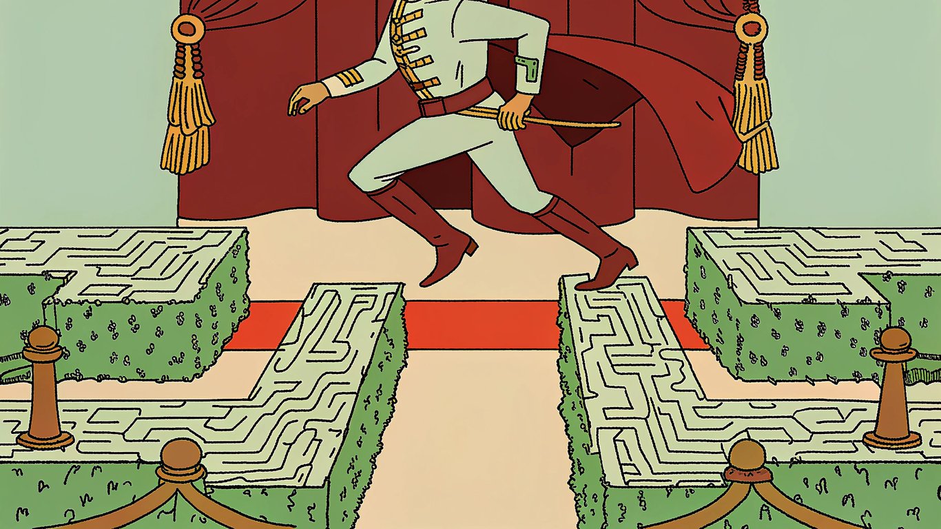 A stylized figure navigating through a maze, symbolizing overcoming challenges.