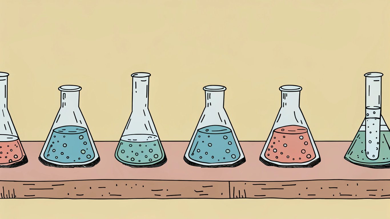 A series of beakers with different liquid levels and colors, representing experimentation.