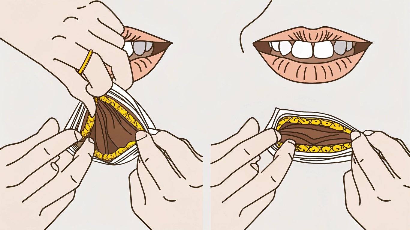 Illustration demonstrating the correct technique for placing a nicotine pouch under the upper lip.