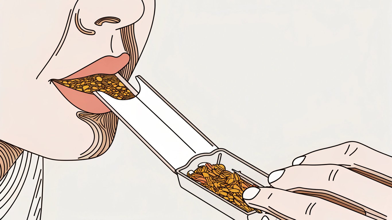 Close-up illustration of a nicotine pouch placed under the upper lip, showing nicotine absorption.