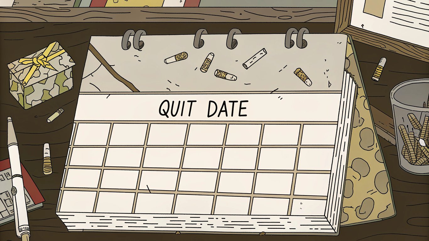 Illustration of a calendar marking a quit date and a gradual transition plan from cigarettes to nicotine pouches.