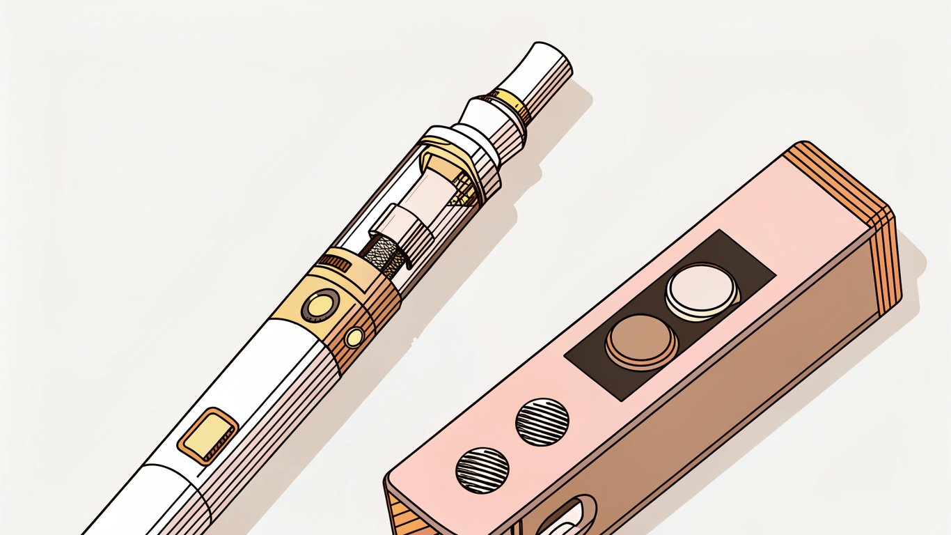 Illustration comparing a simple pen-style vape device with a complex box mod.