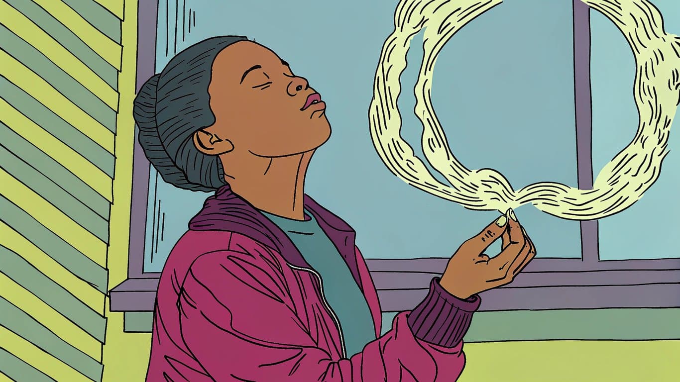 A person performing a simple vape trick, exhaling a perfect vapor ring.