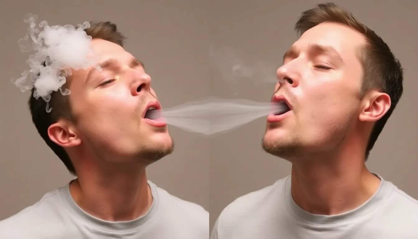 A person performing the french inhale vape trick, with vapor flowing from mouth to nose.