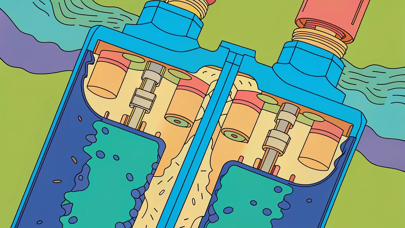 Illustration of residue buildup inside a vape device, blocking airflow and covering electrical connections.