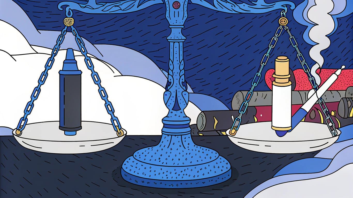 A digital illustration of a balance scale tipping, with vaping devices outweighing traditional tobacco products.