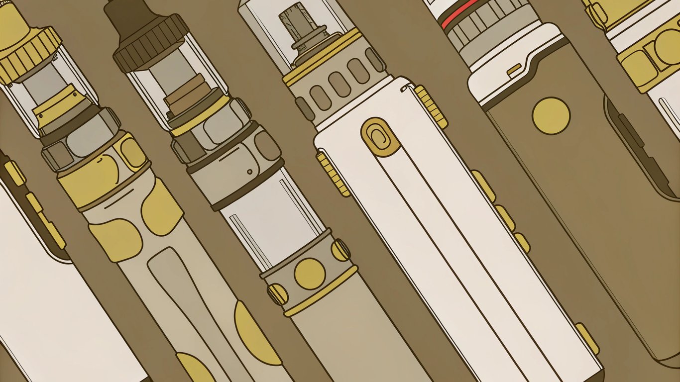 Digital illustration of different vaping devices, highlighting disposable vapes, pod systems, and a traditional mod.
