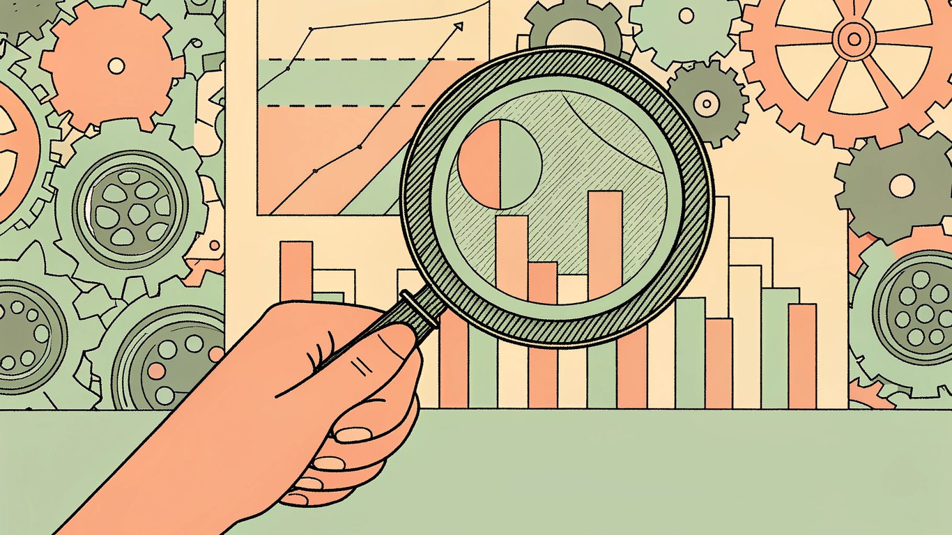 Digital illustration of a hand analyzing data with a magnifying glass, surrounded by business strategy elements.