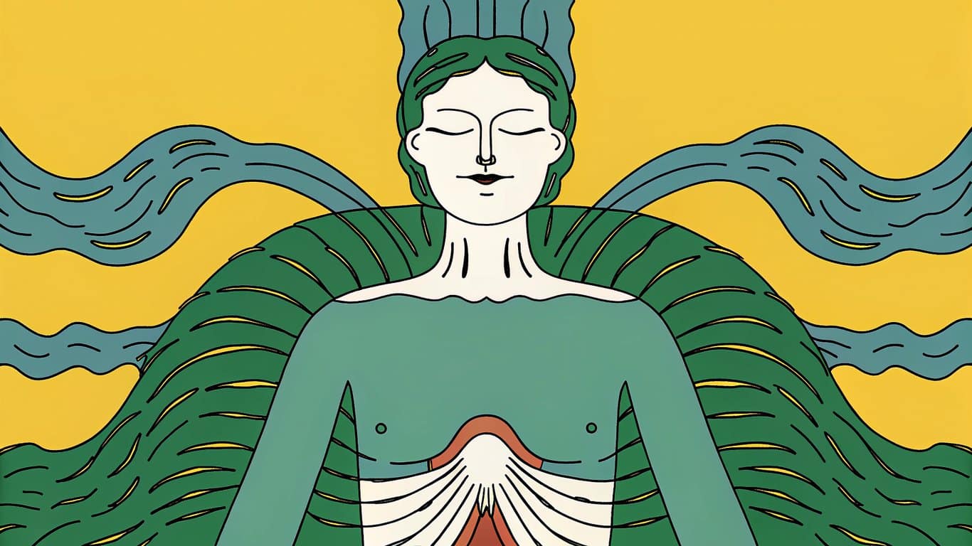 Illustration of a person practicing deep breathing, with calm waves showing the effect on the body.