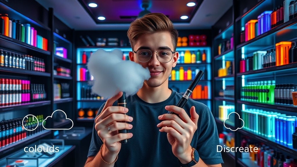 A sleek, modern vape shop with illuminated shelves of vibrant devices and accessories, a young adult comparing a large cloud‑producing vape pen and a discreet pen, surrounded by subtle digital icons representing cloud and discreet options.
