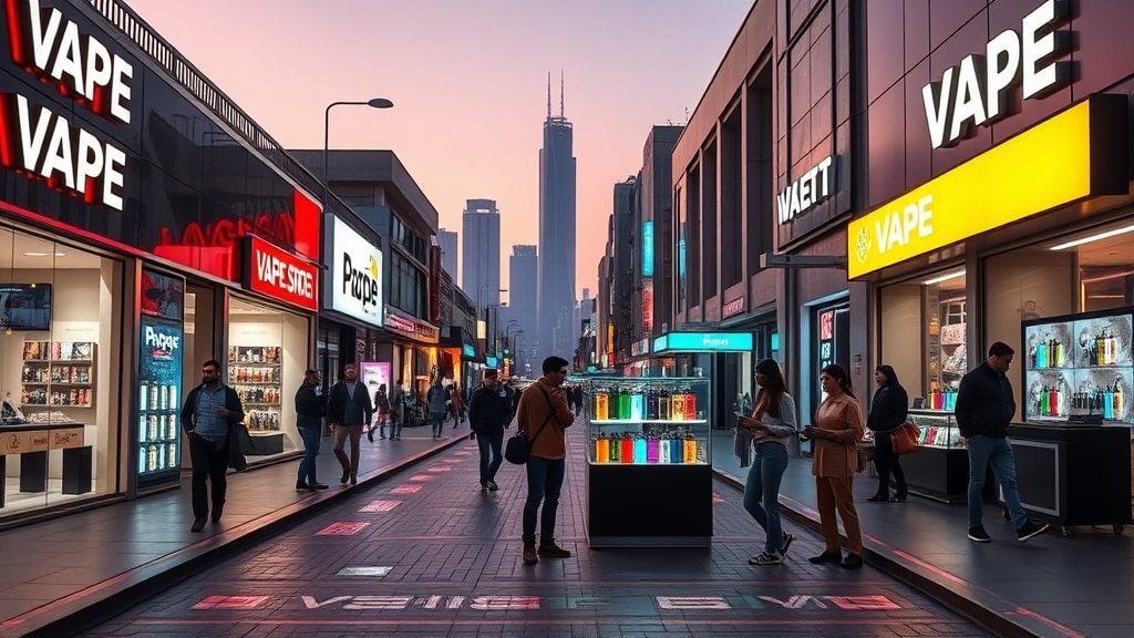 A vibrant, neon‑lit street in Bahrain at twilight, featuring sleek vape shop storefronts glowing against a backdrop of the iconic Bahrain skyline, while a diverse group of shoppers examines colorful, modern vape devices on display under subtle reflections on wet pavement.