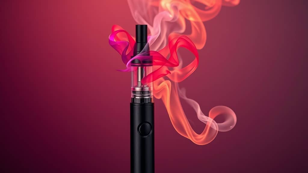 A sleek, modern vape pen in a close‑up shot, emitting a swirling, multi‑hued vapor that transitions from bright fruit tones to warm dessert hues, set against a subtle, gradient background that evokes depth and complexity.