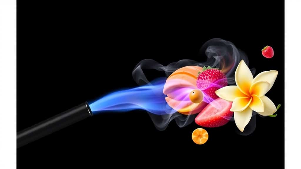 A sleek, modern vape pen emits a luminous, iridescent vapor that spirals into a vivid collage of fruit and dessert shapes—strawberry, mango, vanilla bean—against a dark, minimalist backdrop, highlighting the evolution of authentic flavors.