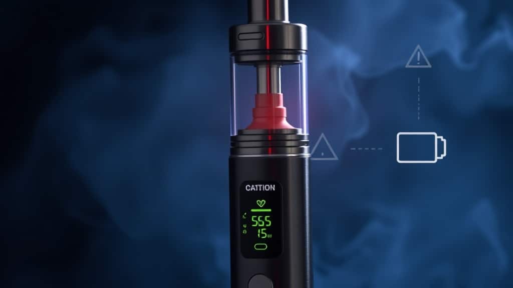 A dramatic close‑up of a sleek vape pen with a glowing battery and a digital display showing a safe temperature, surrounded by subtle safety icons (caution triangle, battery symbol) against a smoky blue backdrop.