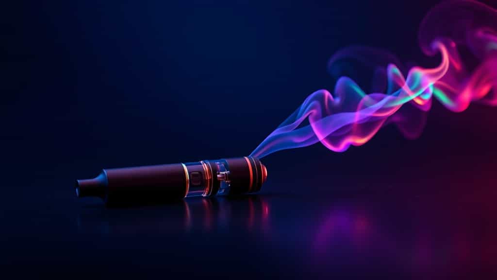A sleek, high‑end vape pen rests on a reflective, matte black surface, its nozzle gently releasing a vibrant, multicolored vapor cloud that swirls upward. The background is a deep gradient of midnight blue and indigo, accented with subtle neon glows that convey smoothness, performance, and modern tech vibes.