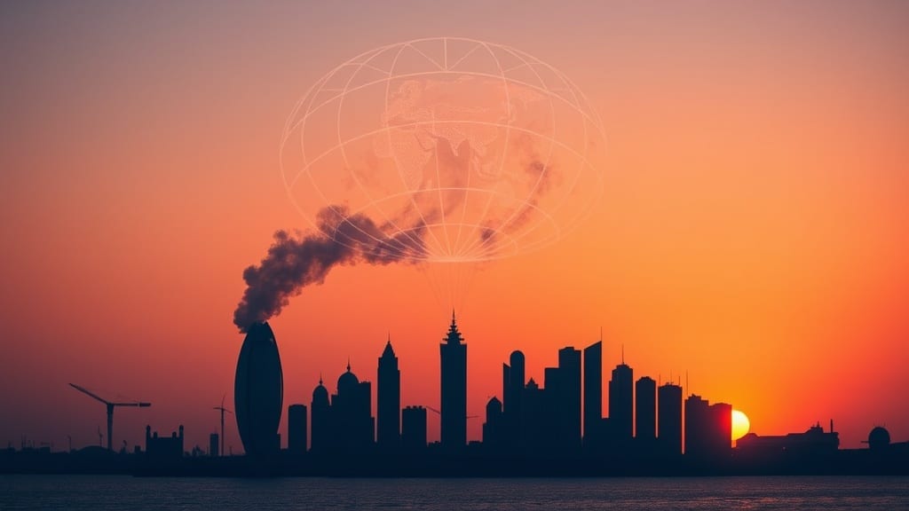 A stylized vape cloud swirling above a silhouetted Bahrain skyline at sunset, its vapor interlaced with subtle global map lines and intricate Middle Eastern geometric motifs, evoking a vibrant fusion of modern vape culture and regional heritage.