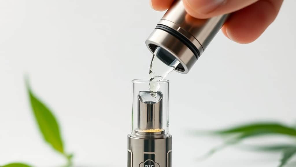 A close-up of a sleek, transparent vape cartridge being carefully refilled with a clear, glowing liquid, surrounded by subtle vapor wisps and eco-friendly accents like a green leaf, set against a clean, minimalist background that highlights the cartridge’s modern design.