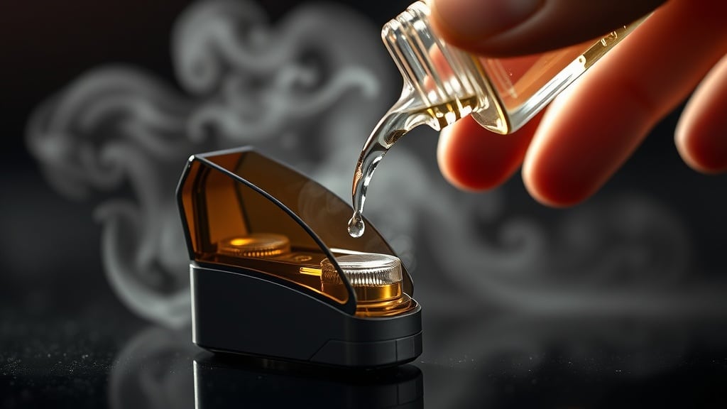 A close‑up of a hand carefully pouring clear vape liquid into a sleek, modern pod, with a subtle halo of steam and a faint safety icon in the background, all rendered in crisp, high‑contrast lighting.
