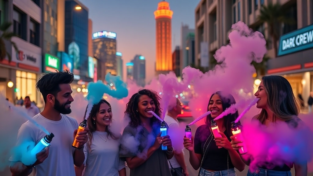 A bustling Manama street at dusk, neon lights reflecting off sleek vape devices in the hands of a diverse group of friends laughing together, clouds of colorful vapor swirling around them against the city skyline, capturing the sense of community and excitement in Bahrain's growing vaping culture.