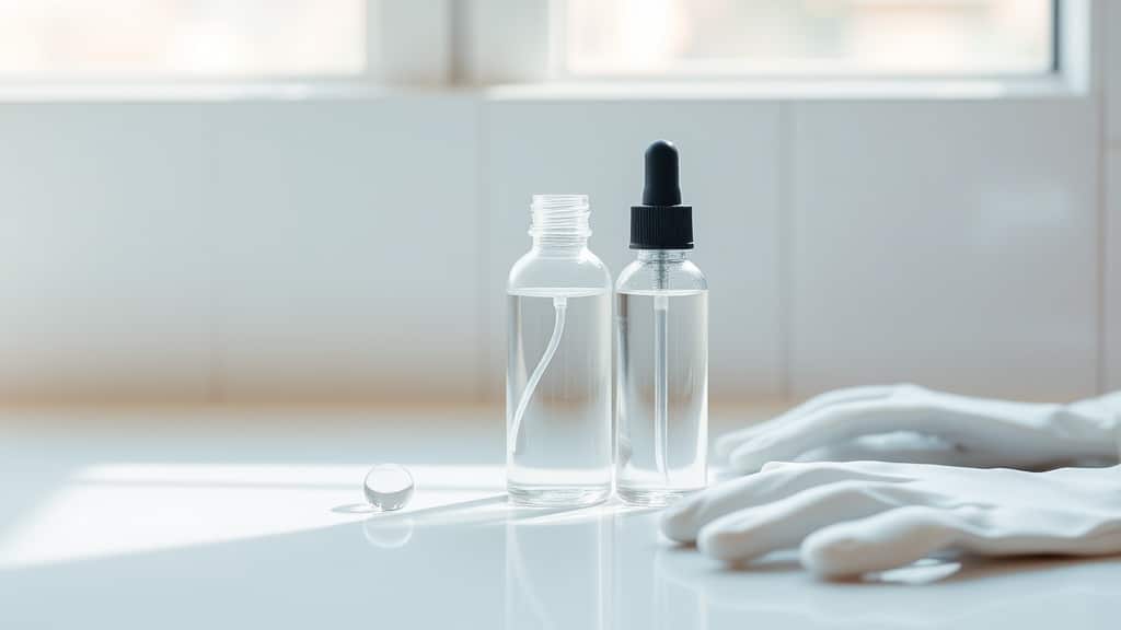 A sleek, transparent vape juice bottle sits on a spotless white countertop, surrounded by a spray bottle, a single clear water droplet, and a pair of clean gloves, all bathed in soft natural light that highlights the product’s purity and the importance of sanitation.