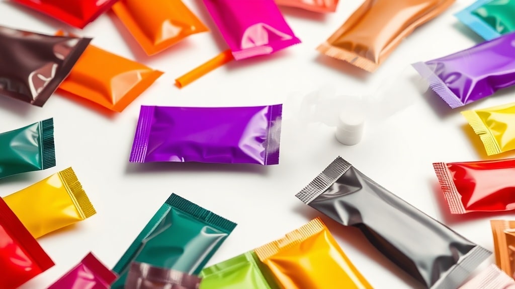 A close‑up, high‑contrast shot of a rainbow‑colored assortment of nicotine pouch wrappers spread across a glossy white surface, with soft, fragrant mist rising from a few open pouches to evoke a sensory tasting experience.