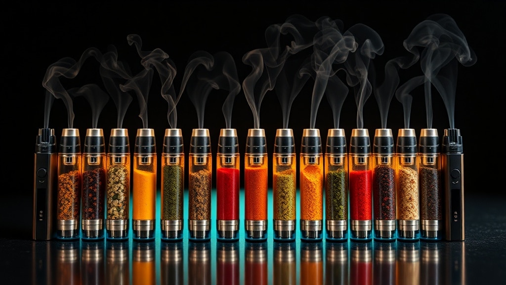 A sleek, modern vape setup with a colorful array of cartridges displayed like a chef’s spice rack, illuminated by soft, warm lighting. Swirling vapor forms subtle tasting notes above each cartridge, hinting at a systematic flavor exploration.