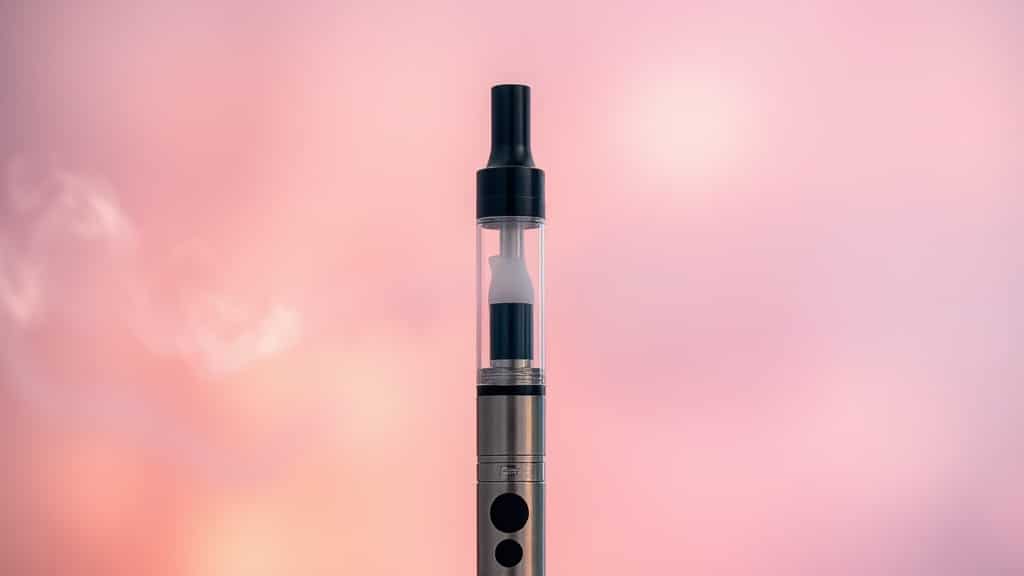 A close‑up of a sleek vape pen emitting a gentle, luminous cloud of mist against a softly lit, pastel‑hued background, evoking calm and relaxation with subtle hints of a serene forest or sunrise.