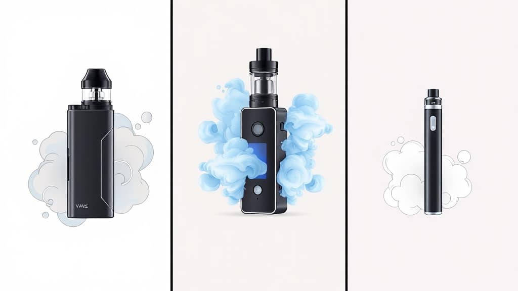 A stylized split-screen illustration of three distinct vape devices—a sleek pod system, a powerful box mod, and a compact pen—each surrounded by contrasting cloud patterns that reflect their unique vaping styles, arranged against a clean, gradient background that highlights the decision‑making process.