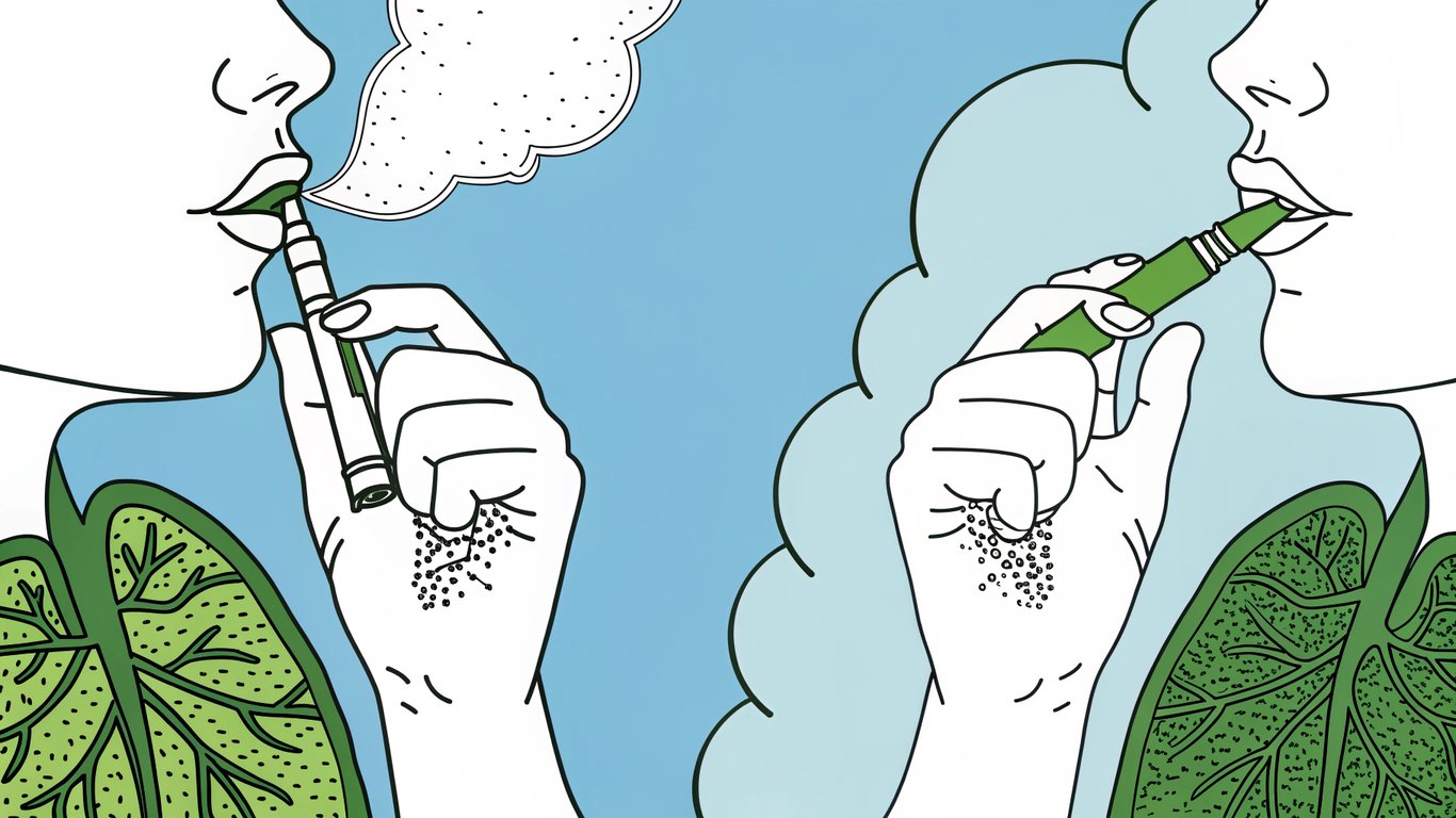 Illustration comparing mouth-to-lung (mtl) and direct-to-lung (dtl) vaping inhalation techniques.