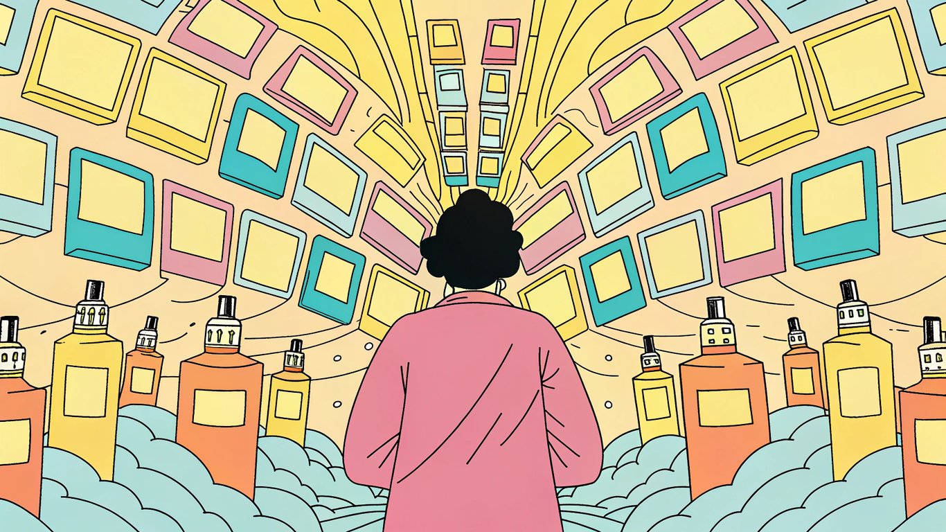 Illustration of a person feeling overwhelmed by too many vape product choices in a digital store.