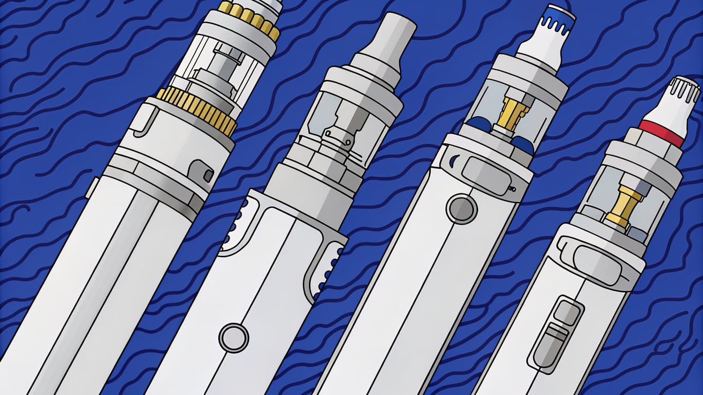 An illustration showing a range of vape devices from small disposables to large box mods, demonstrating the variety of types available.