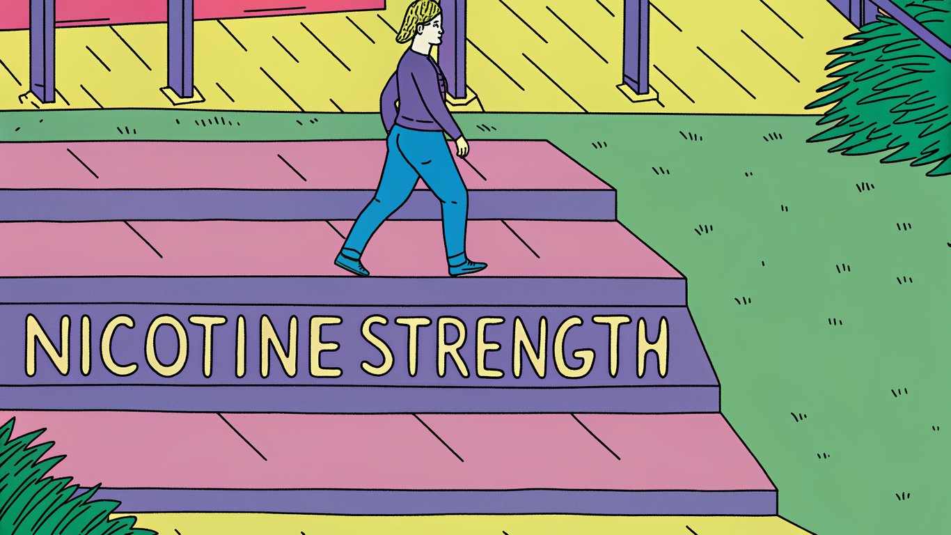 An illustration of a person walking down a path with steps marked with decreasing numbers, representing a gradual nicotine reduction plan.
