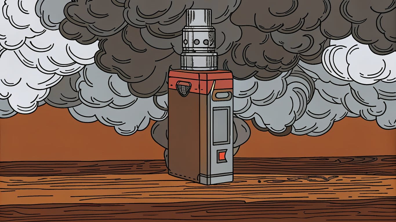 An illustration of a powerful box mod vape device with a sub-ohm tank producing a large, dense cloud of vapor, typical for cloud chasing.